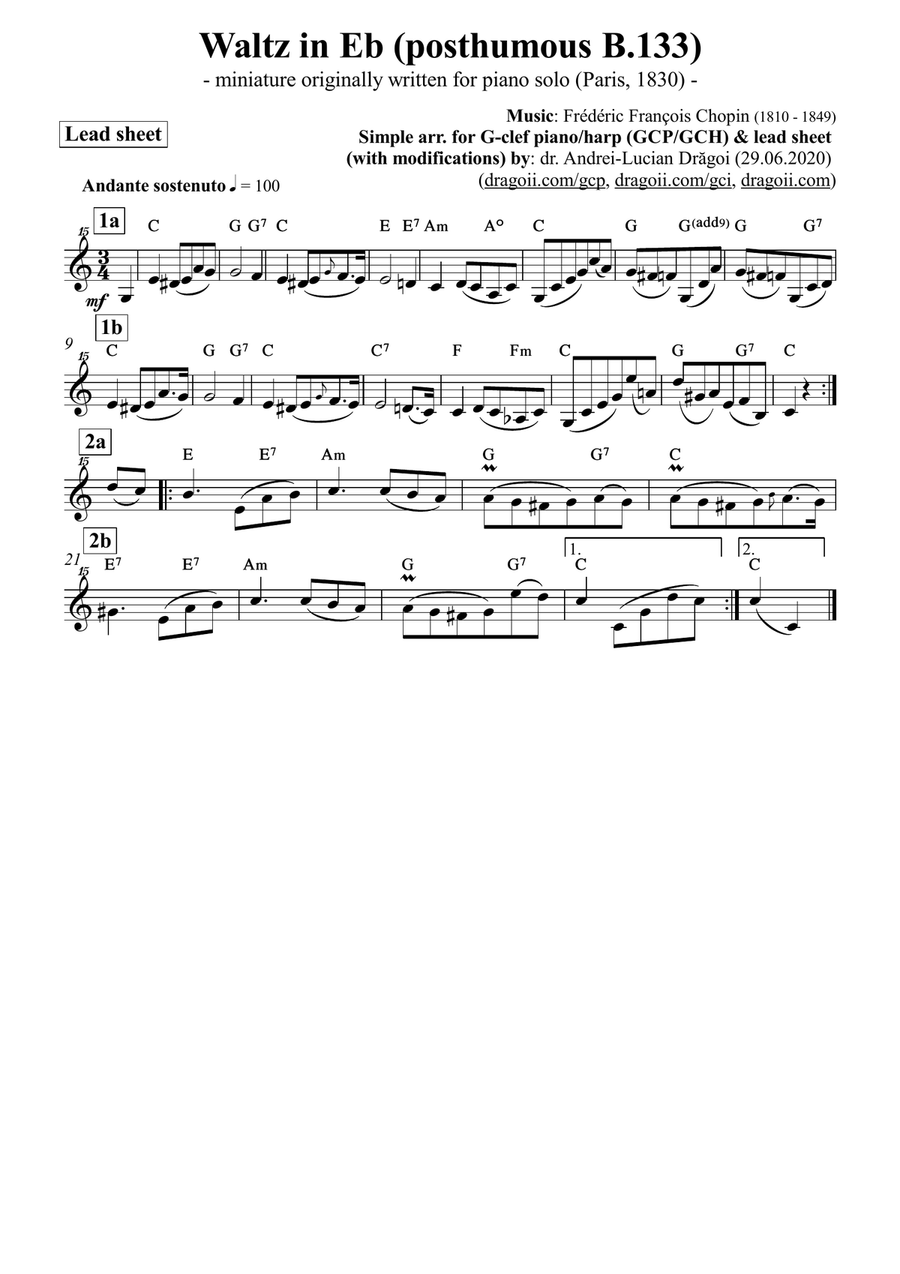 Chopin (Frederic) - Waltz in Eb (posthumous B.133) - simplified arrangement for G-clef piano/harp (G Large Ensemble scores gallery preview page 2