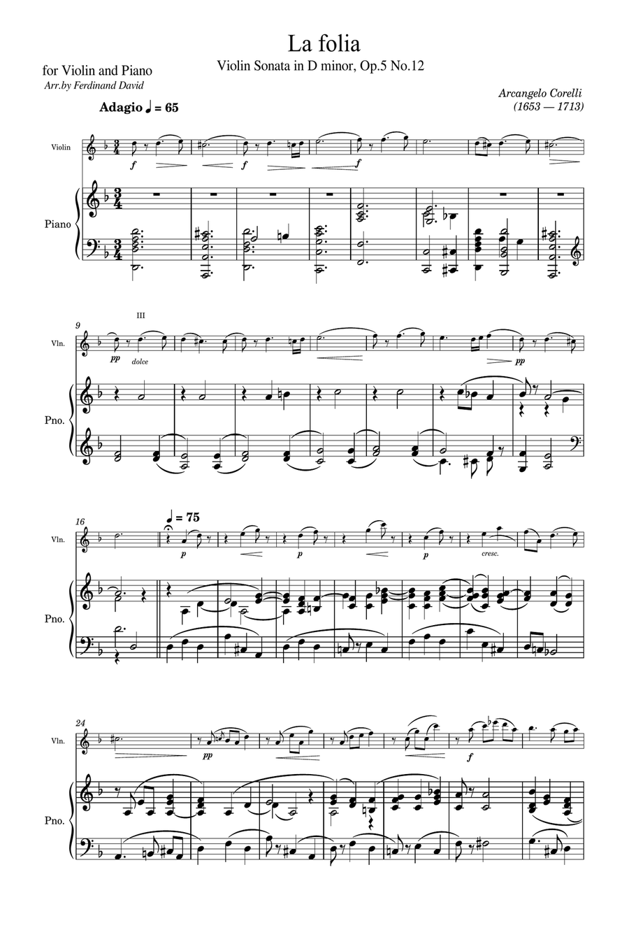 Corelli - Violin Sonata in D minor La Folia, Op.5 No.12 - for violin and piano Duet Original Violin Solo scores gallery preview page 1