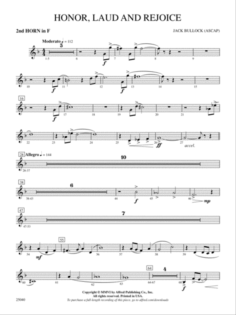 Honor, Laud and Rejoice: 2nd F Horn Full Orchestra scores gallery preview page 1