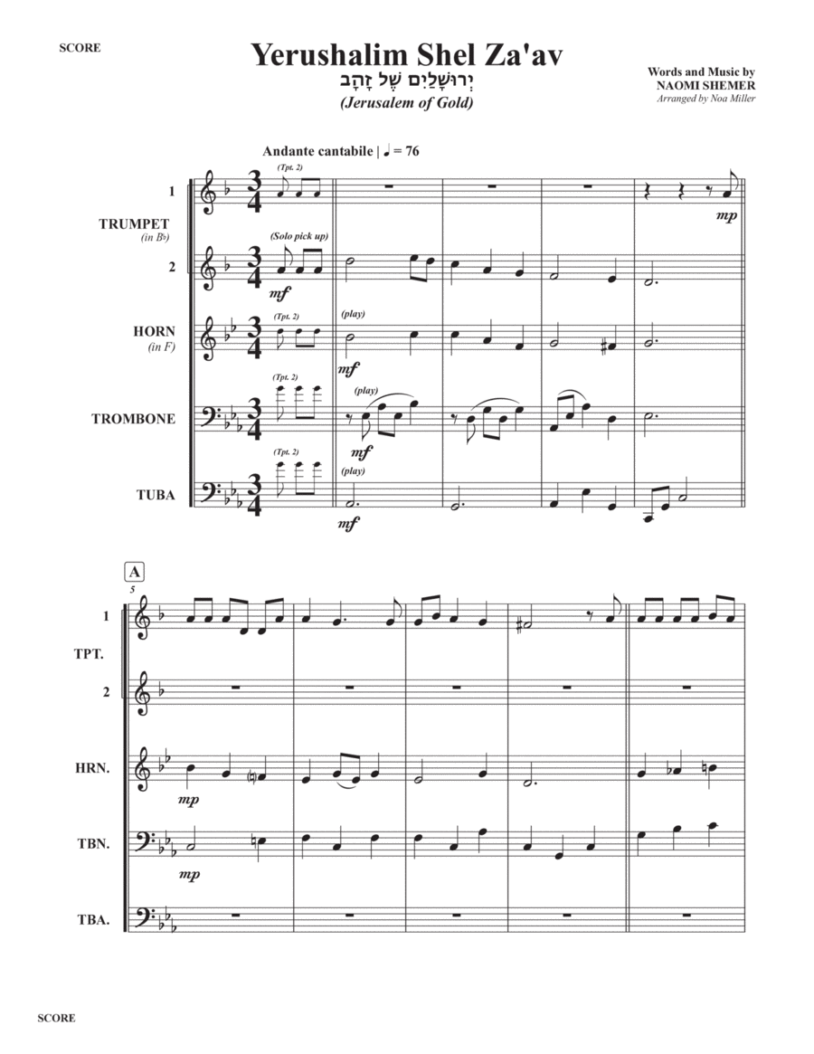 Yerushalim Shel Za'av (Jerusalem of Gold) Brass Quintet scores gallery preview page 1