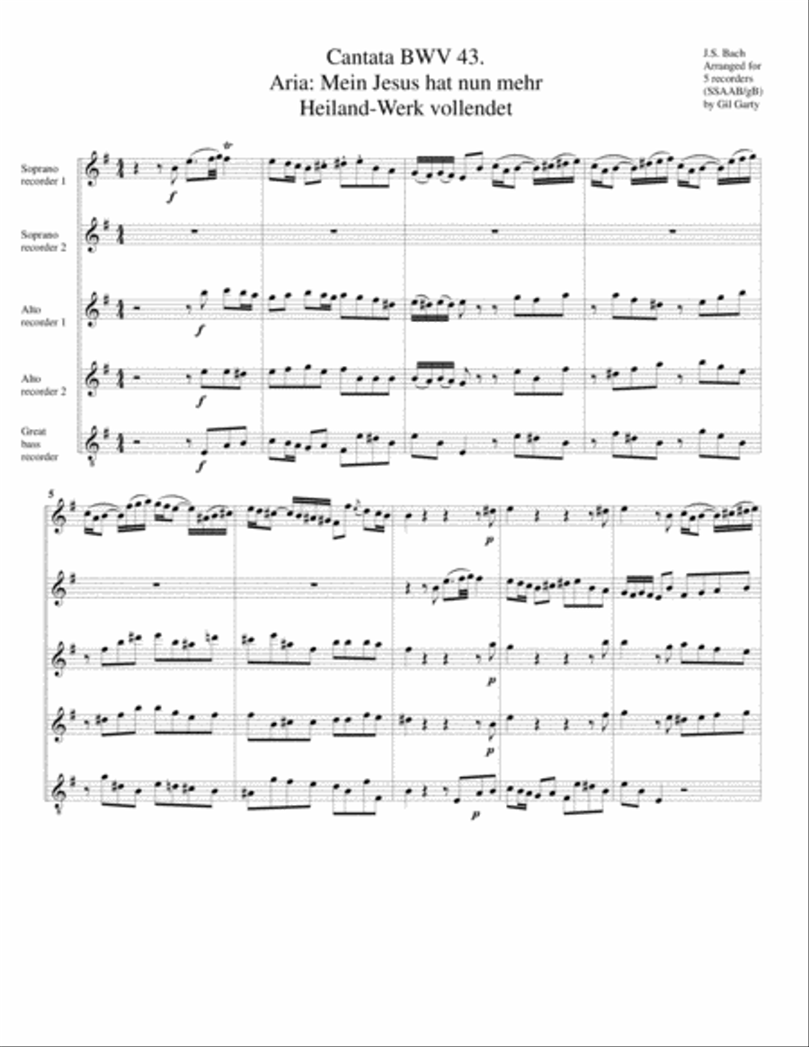 Aria: Mein Jesus hat nunmehr Das Heilandwerk vollendet from Cantata BWV 43 (arrangement for 5 record Recorder scores gallery preview page 1