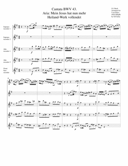 Aria: Mein Jesus hat nunmehr Das Heilandwerk vollendet from Cantata BWV 43 (arrangement for 5 record