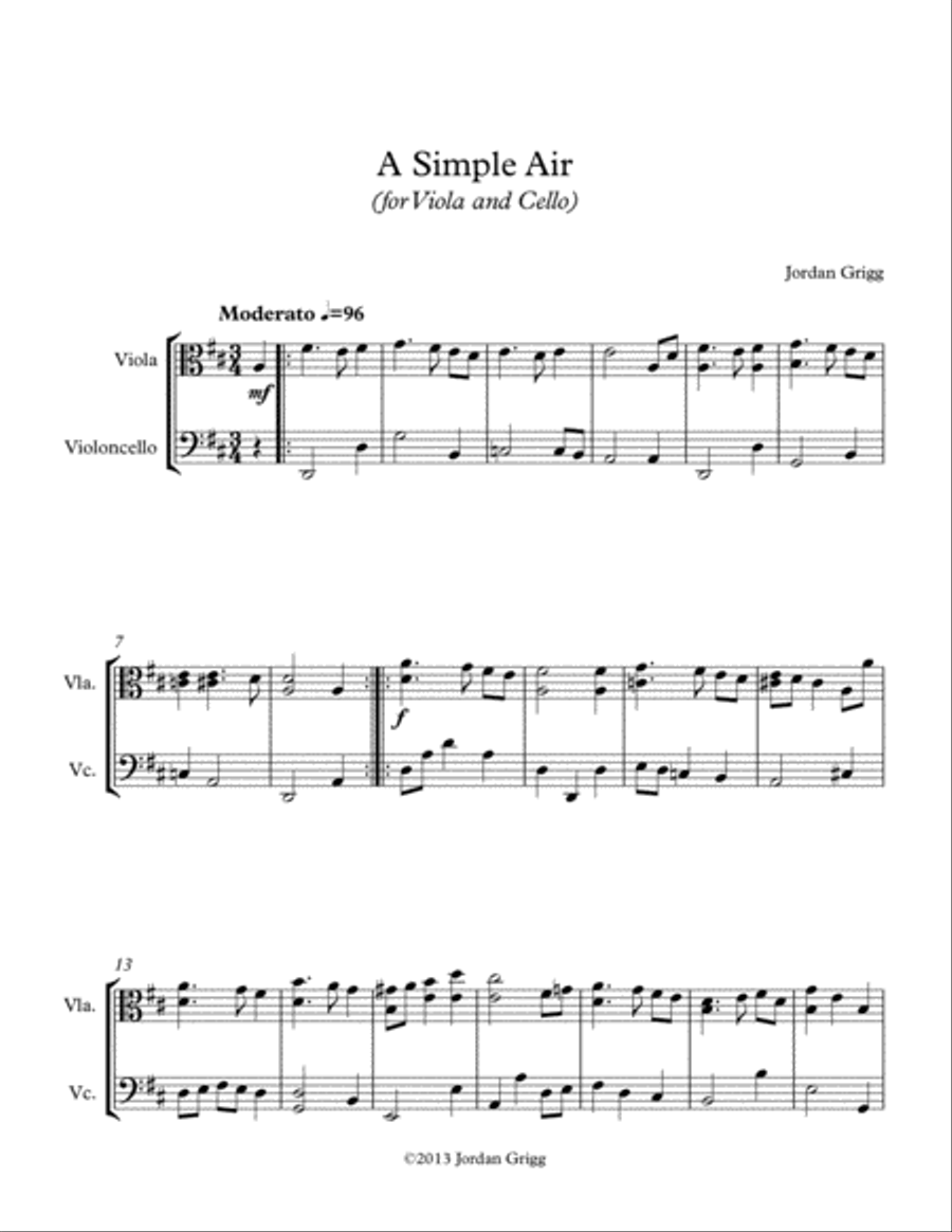 A Simple Air (for Viola and Cello) String Duet scores gallery preview page 1