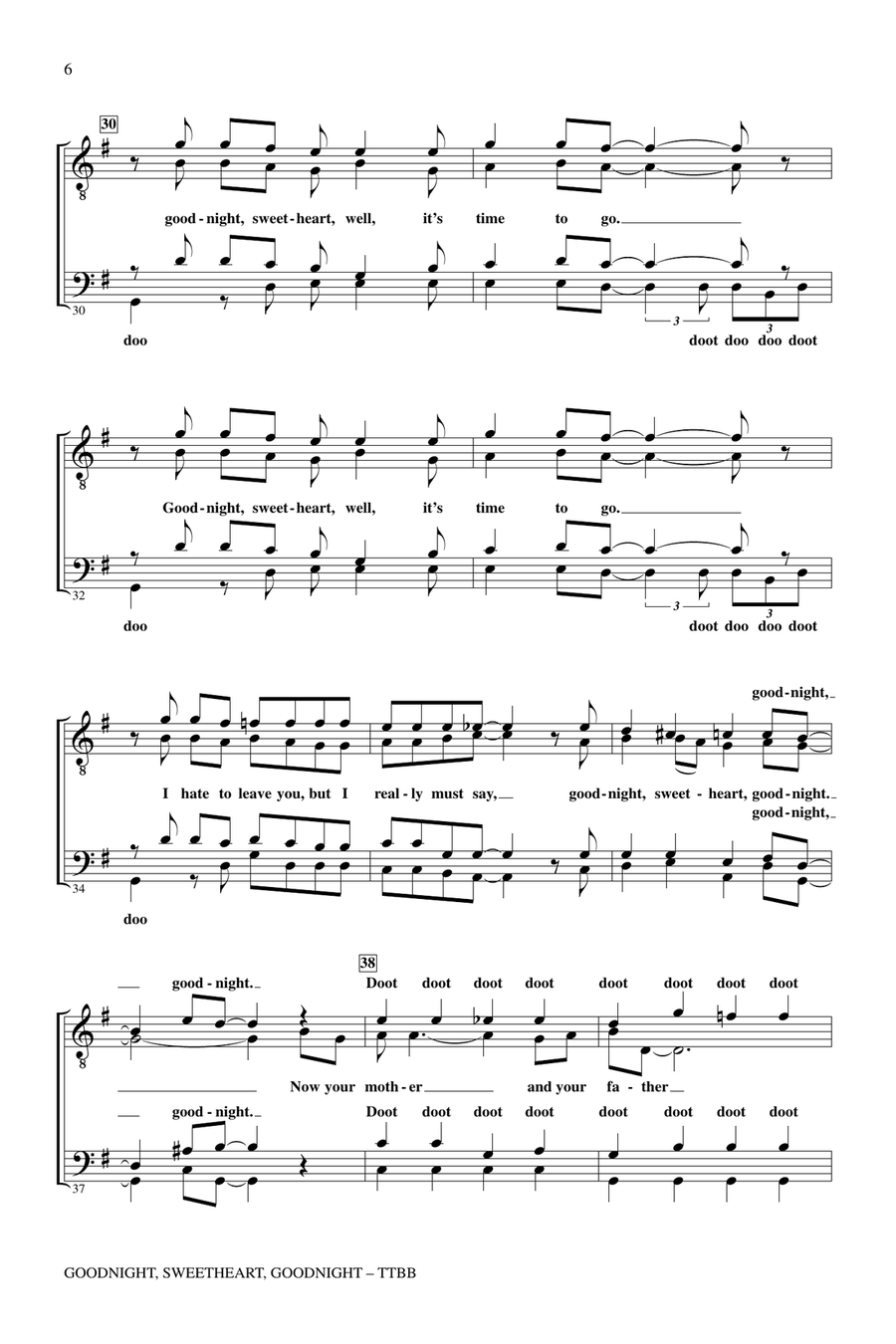 Goodnight, Sweetheart, Goodnight (Goodnight, It's Time to Go) (arr. Mel Knight) TTBB scores gallery preview page 4
