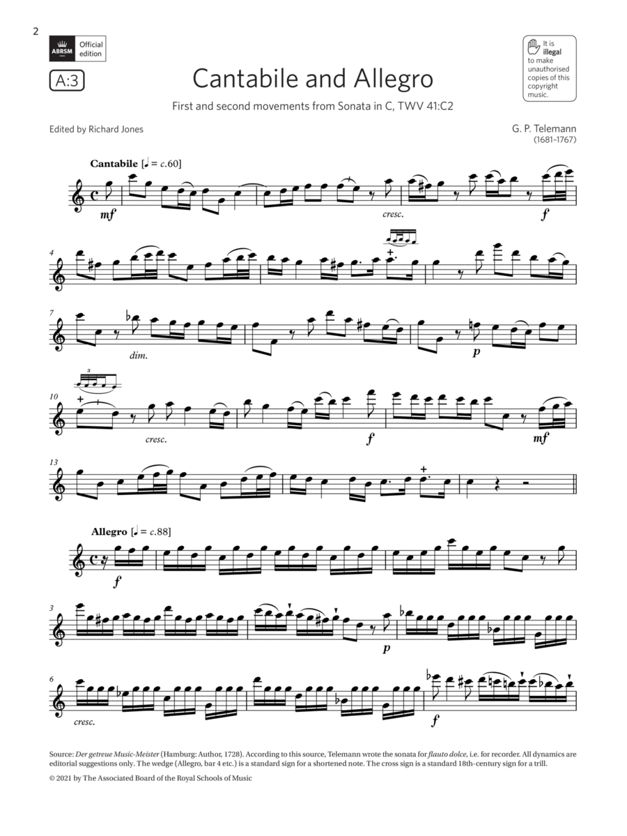Cantabile and Allegro (from Sonata in C) (Grade 6 List A3 from the ABRSM Flute syllabus from 2022) Flute Solo scores gallery preview page 1