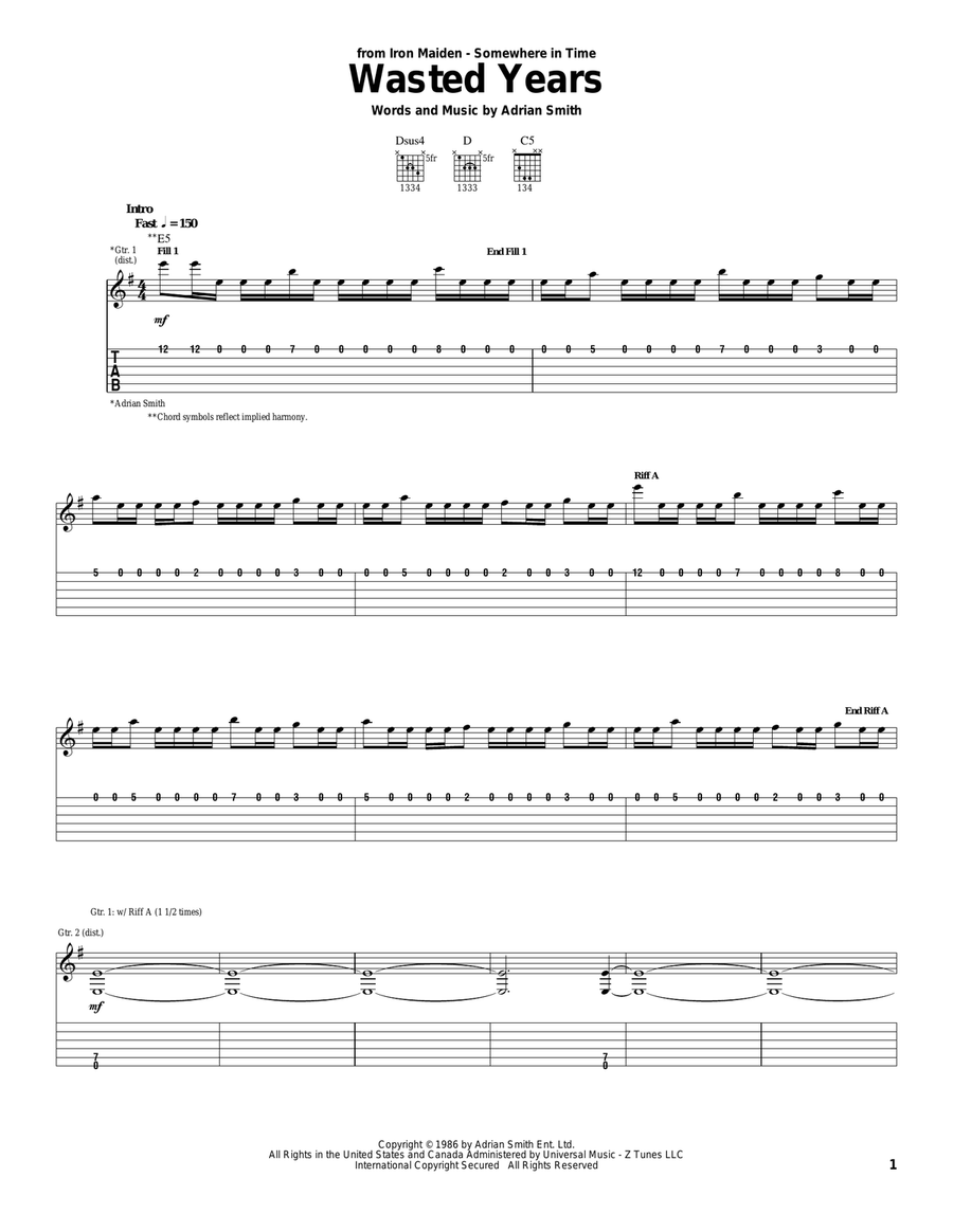 Wasted Years Wasted Years Electric Guitar scores gallery preview page 1