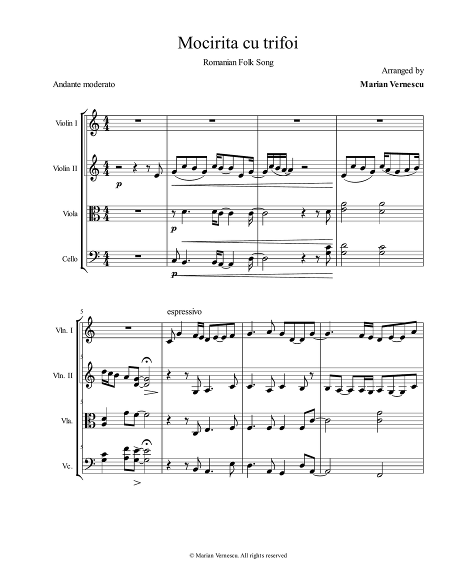 Mocirita cu trifoi, Romanian folk song String Quartet scores gallery preview page 1