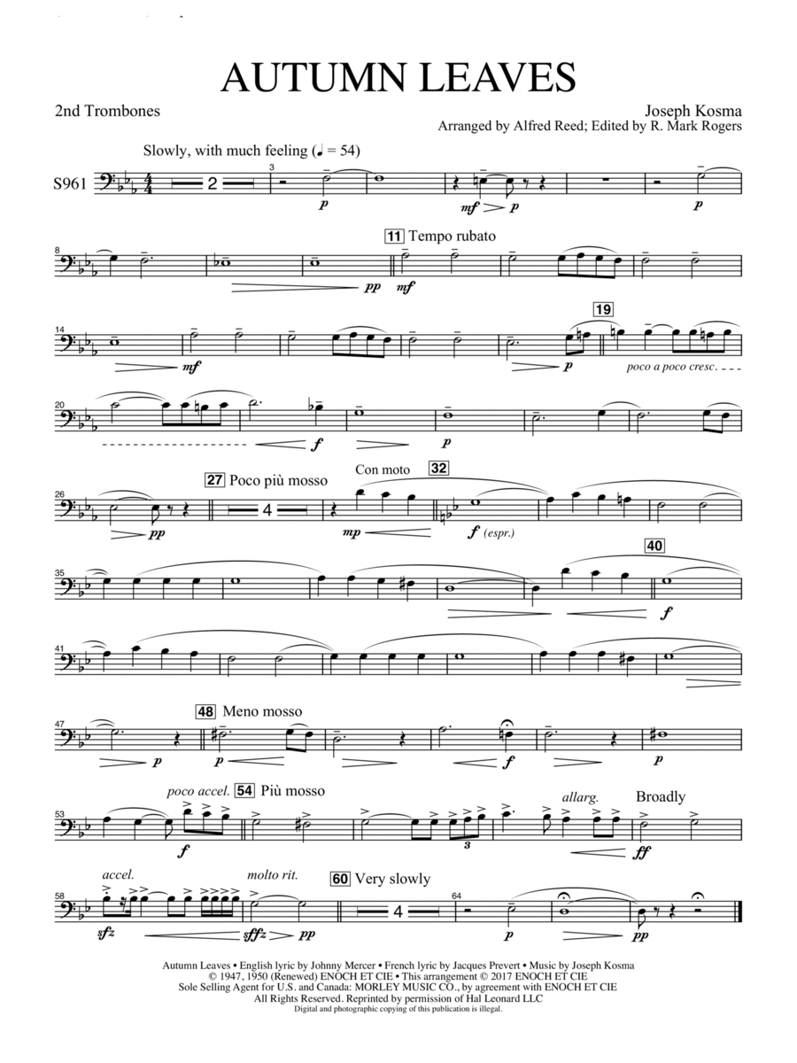 Autumn Leaves (Les feuilles mortes) - Trombone 2 Concert Band scores gallery preview page 1