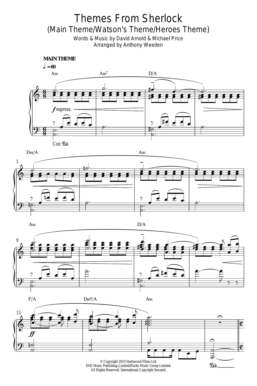 Themes From Sherlock (Main Theme/Watson's Theme/Heroes Theme) Piano Solo scores gallery preview page 1