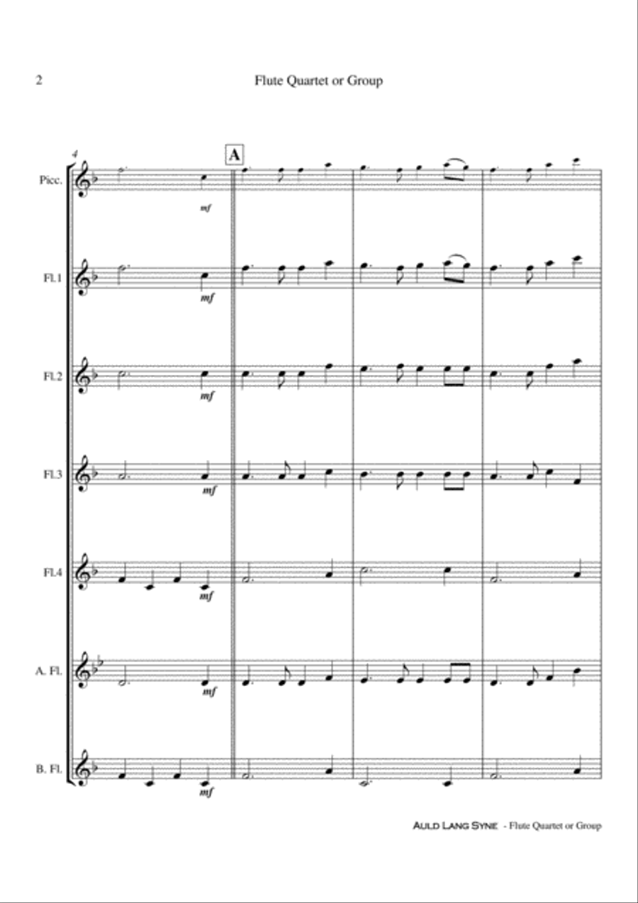 Auld Lang Syne - Flute Quartet or Group Score and Parts PDF Flute Quartet scores gallery preview page 3