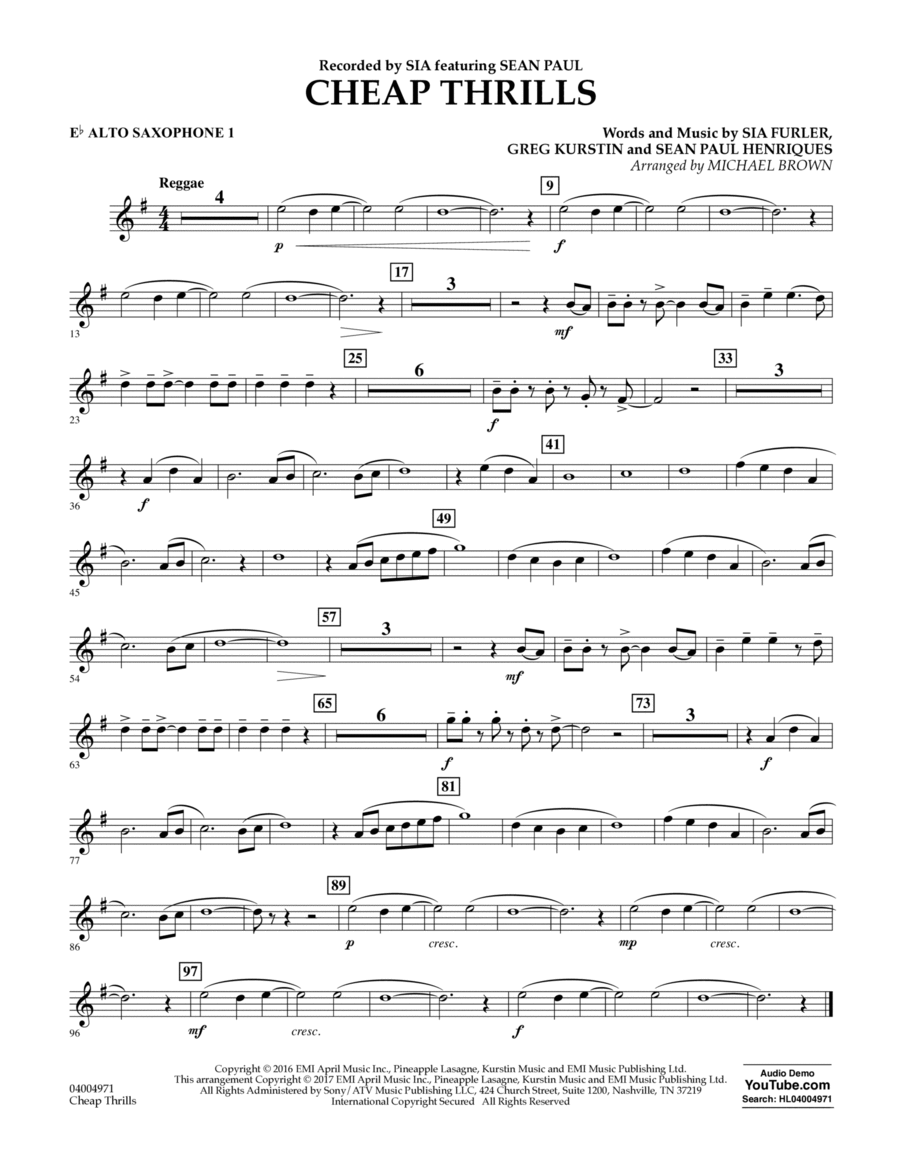 Cheap Thrills - Eb Alto Saxophone 1 Alto Saxophone scores gallery preview page 1