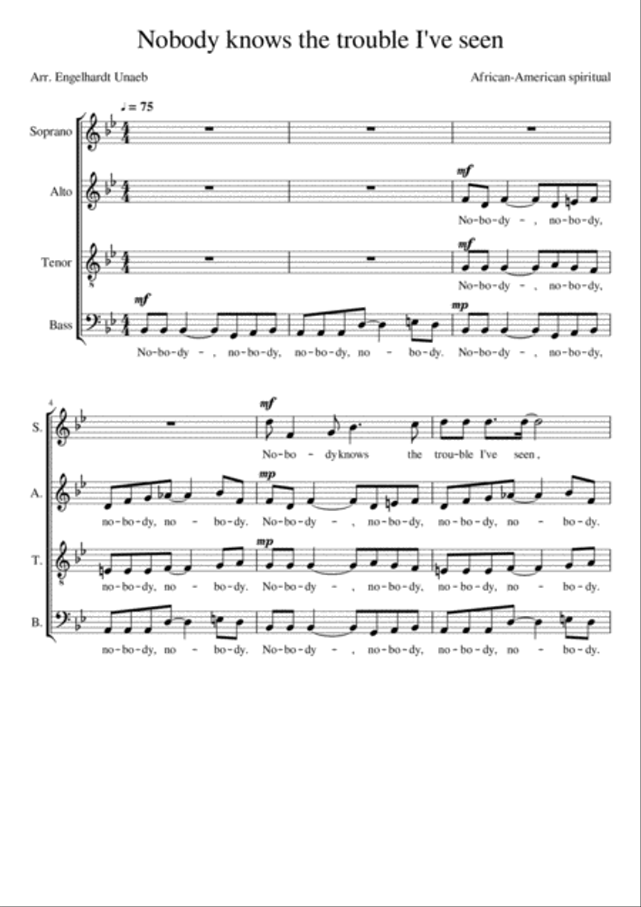 Nobody knows the trouble I've seen 4-Part scores gallery preview page 1