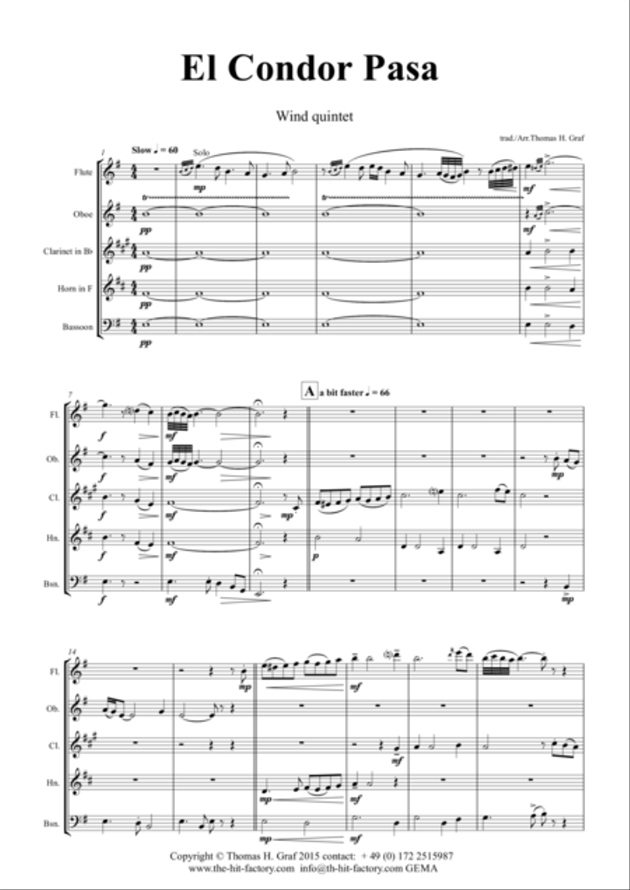 El Condor pasa - Peruvian Folk Song - Wind Quintet Woodwind Quintet scores gallery preview page 1