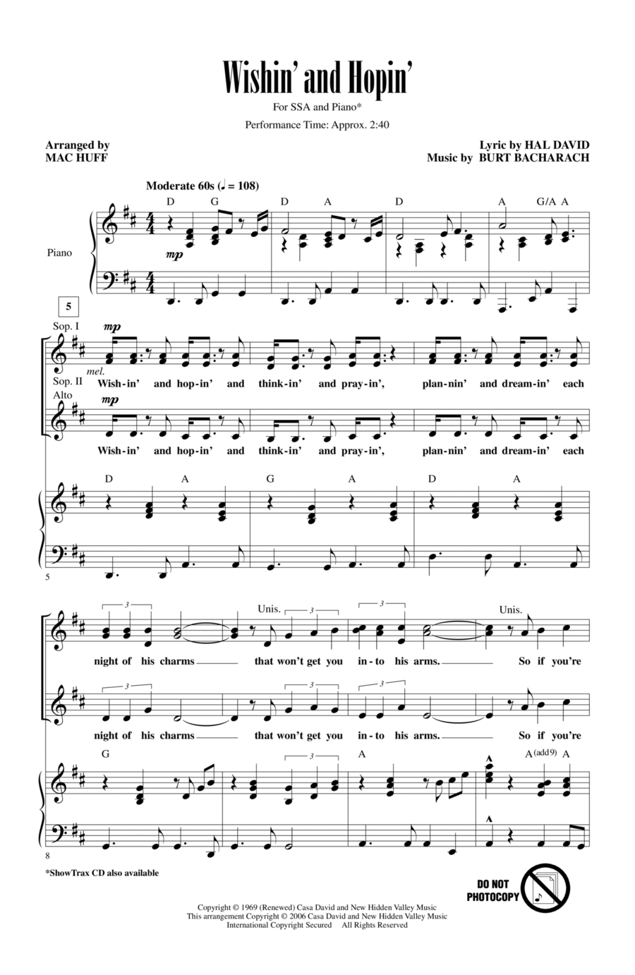 Wishin' And Hopin' (arr. Mac Huff) SSA scores gallery preview page 1