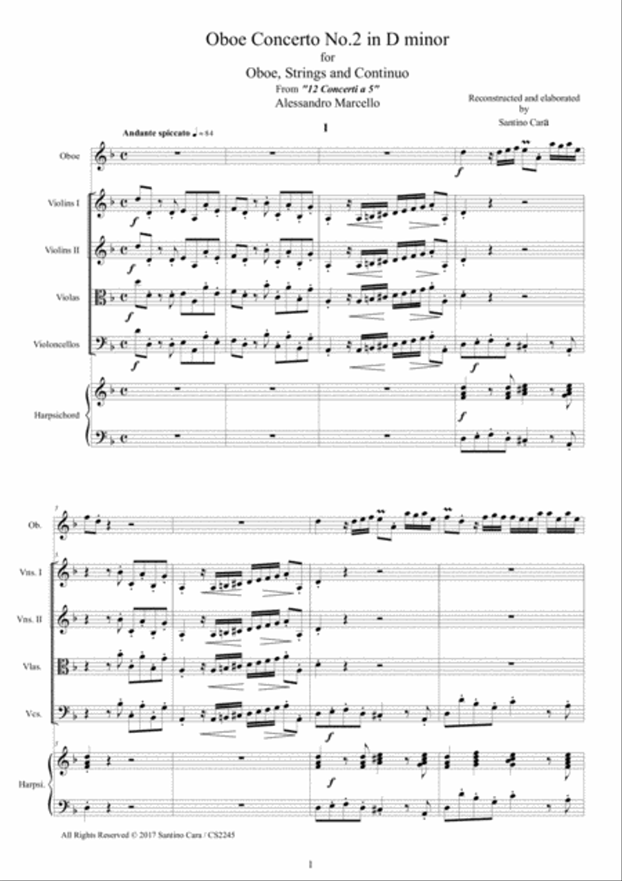 Marcello - Oboe concerto in D minor for Oboe, Strings and Continuo - Score and Parts String Orchestra scores gallery preview page 1