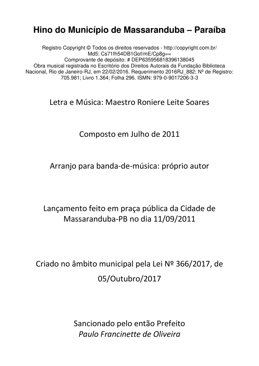 Hino Municipal de Massaranduba - PB Concert Band scores gallery preview page 1