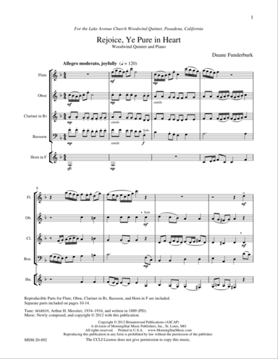 Rejoice, Ye Pure in Heart: Woodwind Quintet and Piano Woodwind Quintet scores gallery preview page 1
