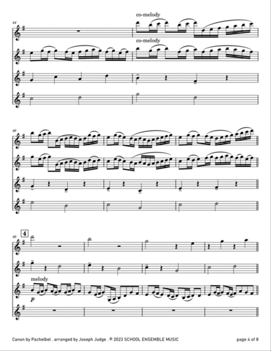 Canon by Pachelbel for Clarinet Quartet in Schools Clarinet Quartet scores gallery preview page 4