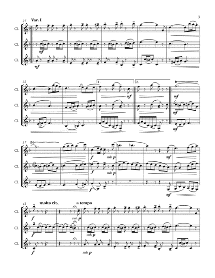 Krommer: Variations on Theme of Pleyel for Clarinet Trio Clarinet Trio scores gallery preview page 3