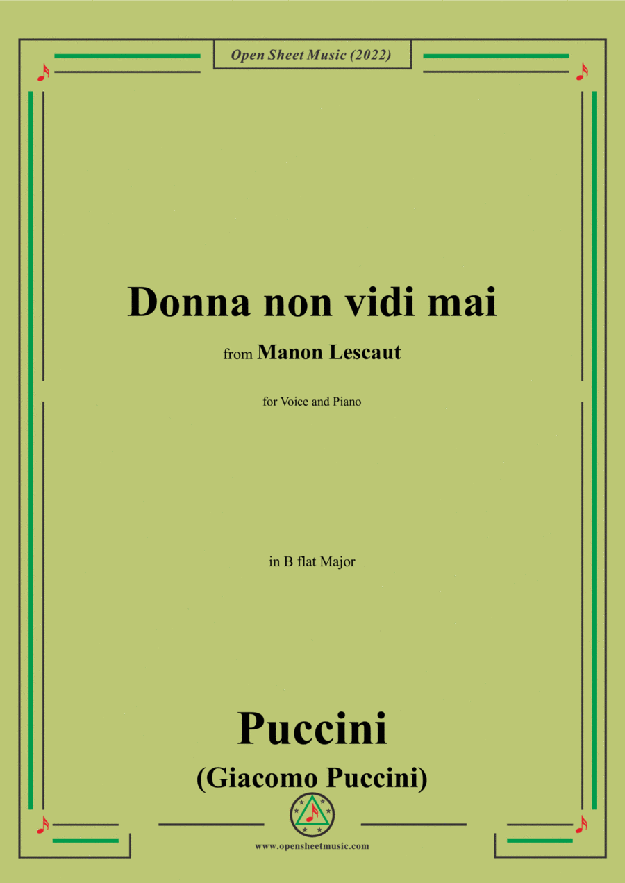 Puccini-Donna non vidi mai,in B flat Major,from Manon Lescaut,for Voice and Piano Voice Solo scores gallery preview page 1