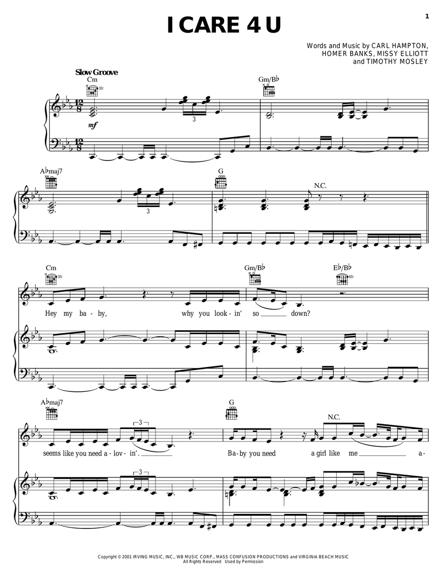 I Care 4 U Piano, Vocal, Guitar scores gallery preview page 1