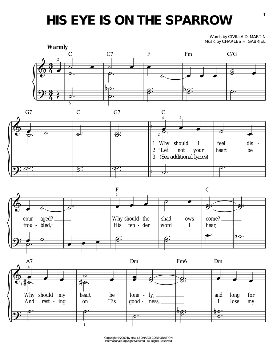 His Eye Is On The Sparrow Easy Piano scores gallery preview page 1