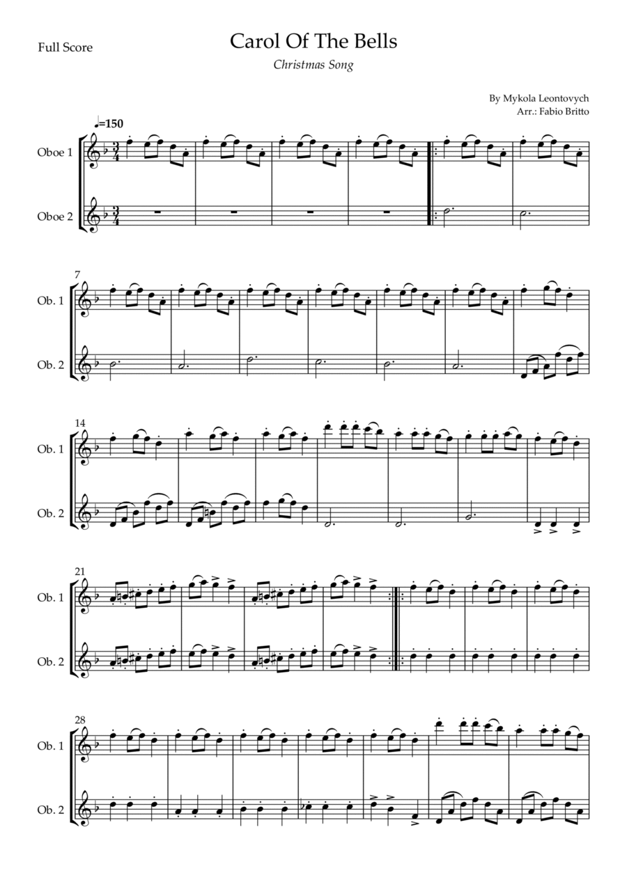 Carol Of The Bells (Christmas Song) for Oboe Duo (D Minor) Woodwind Duet scores gallery preview page 1