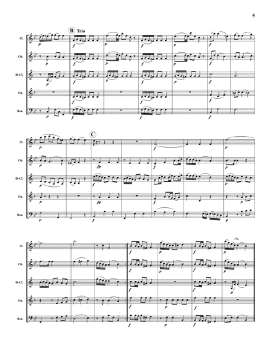 Divertimento No. 12 in Eb, K. 252 Woodwind Quintet scores gallery preview page 5