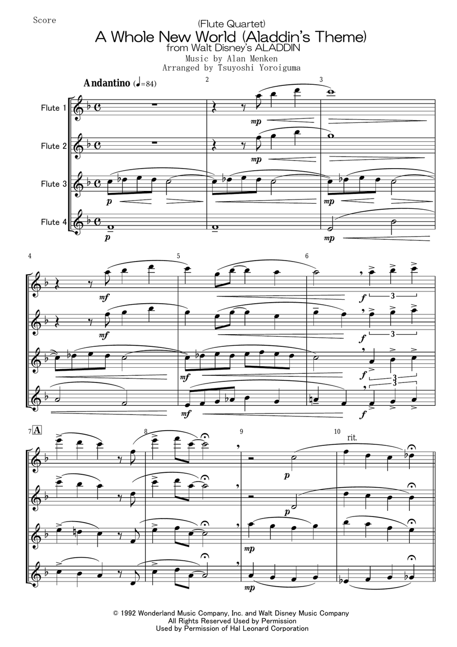 A Whole New World (from 'Aladdin') Woodwind Quartet scores gallery preview page 1