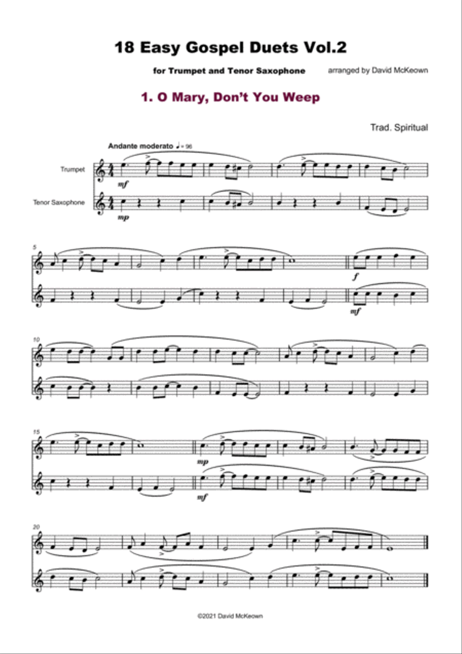 18 Easy Gospel Duets Vol.2 for Trumpet and Tenor Saxophone Tenor Saxophone scores gallery preview page 3