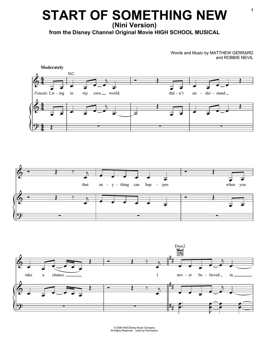 Start Of Something New (Nini version) (from High School Musical: The Musical: The Series) Piano, Vocal, Guitar scores gallery preview page 1