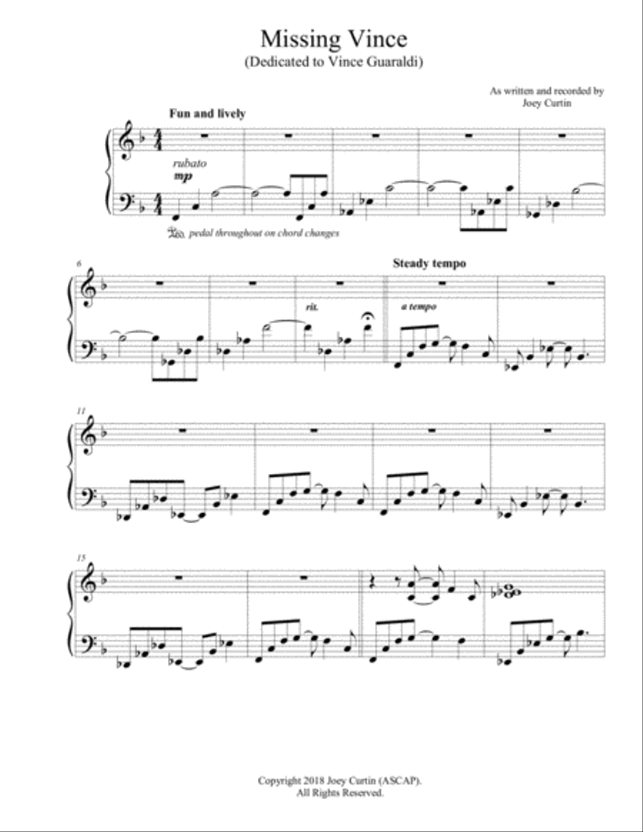 Missing Vince (dedicated to Vince Guaraldi) Piano Solo scores gallery preview page 1