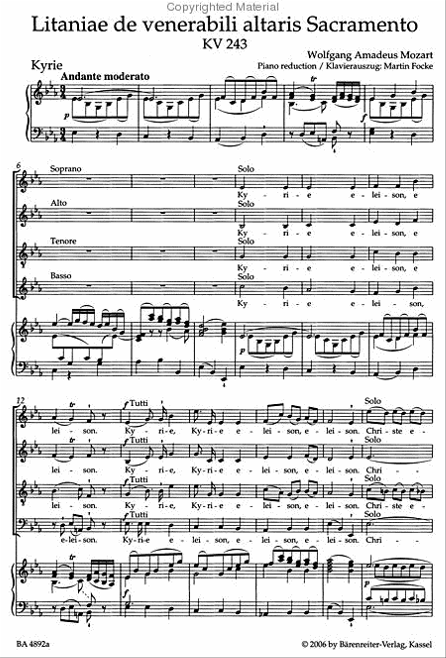 Litaniae de venerabili altaris Sacramento E flat major, KV 243 4-Part scores gallery preview page 2