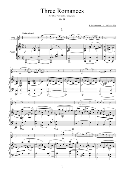 Three Romances Op.94 by Robert Schumann for oboe (or violin) and piano
