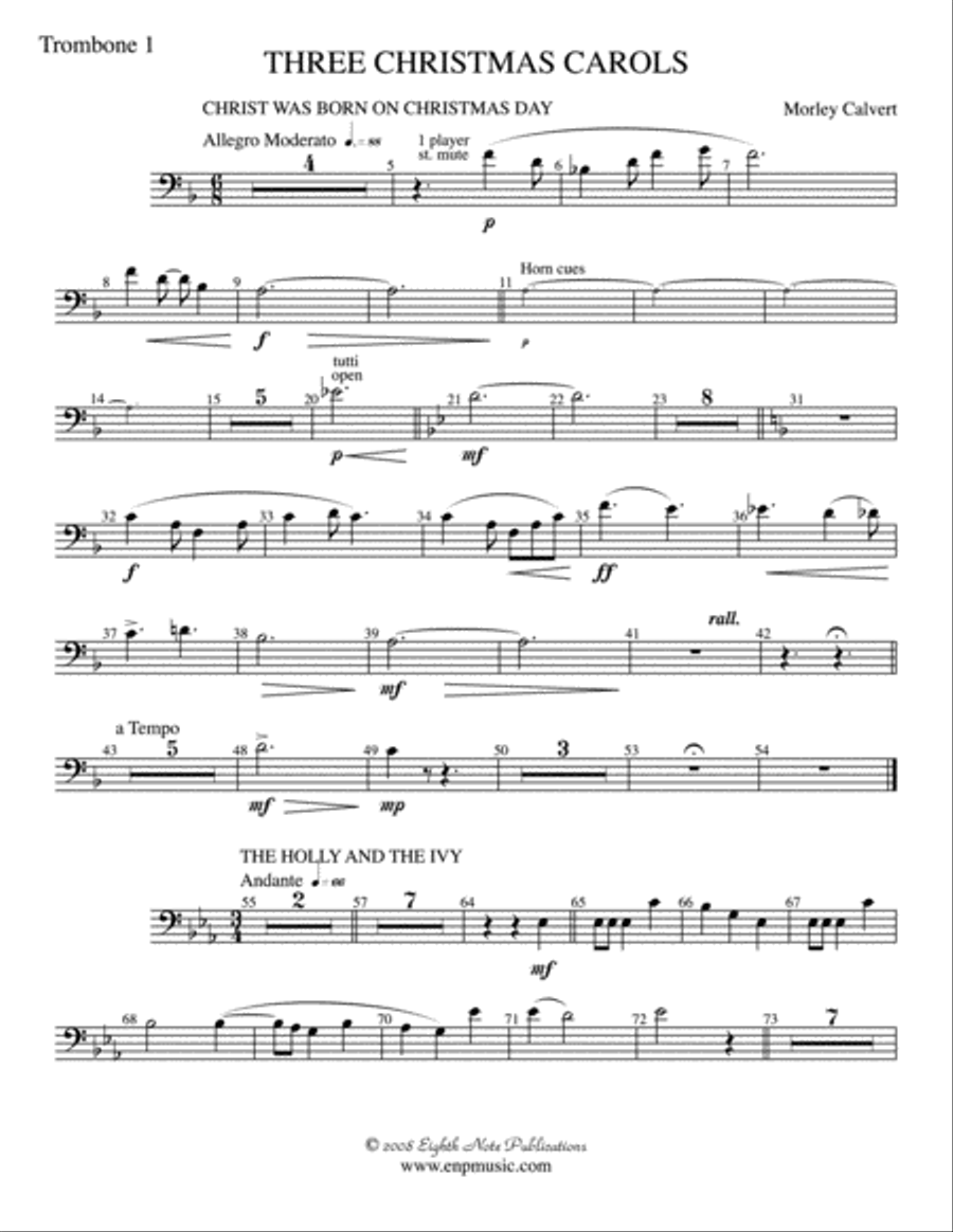 Three Christmas Carols: 1st Trombone Concert Band scores gallery preview page 1