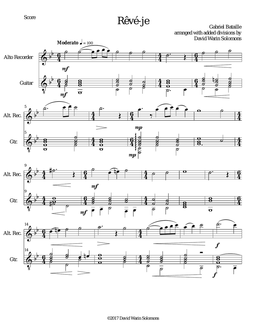 Rêvé-je (Am I dreaming) for alto recorder and guitar Alto Recorder scores gallery preview page 1