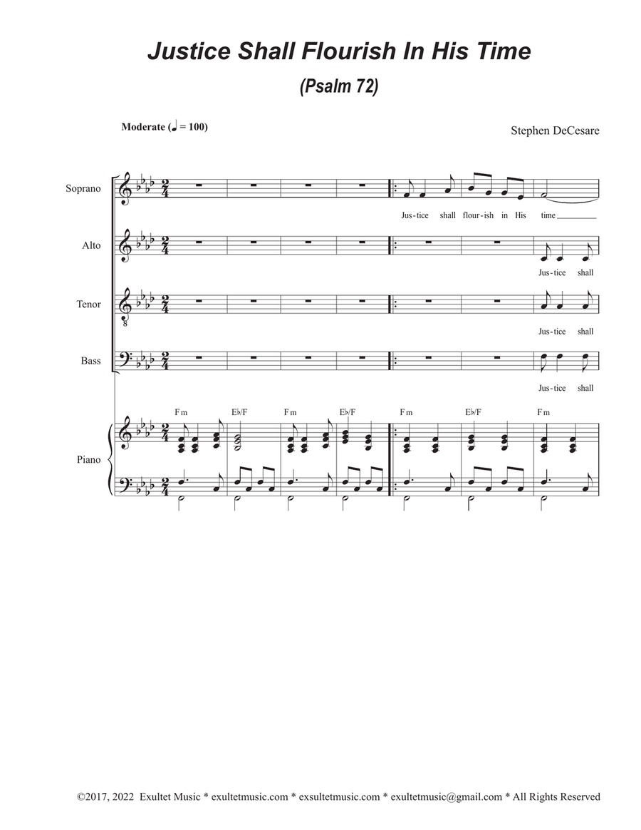 Justice Shall Flourish In His Time (Psalm 72) (SATB) 4-Part scores gallery preview page 1