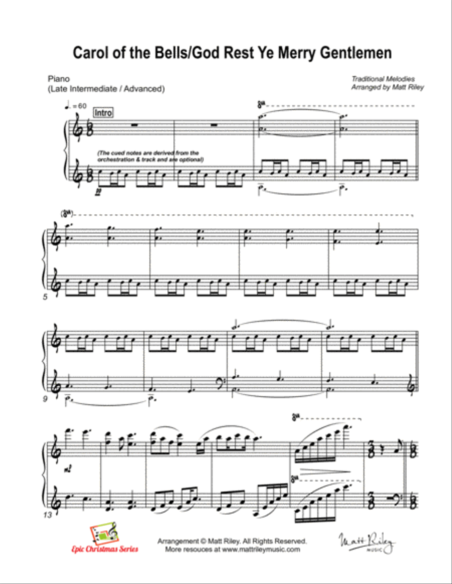 Carol of the Bells / God Rest Ye Merry Gentlemen - Piano (Late Intermediate/Advanced Level) Piano Solo scores gallery preview page 3