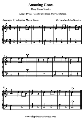 Amazing Grace Large Print Easy Piano (MSN) Modified Stave Notation