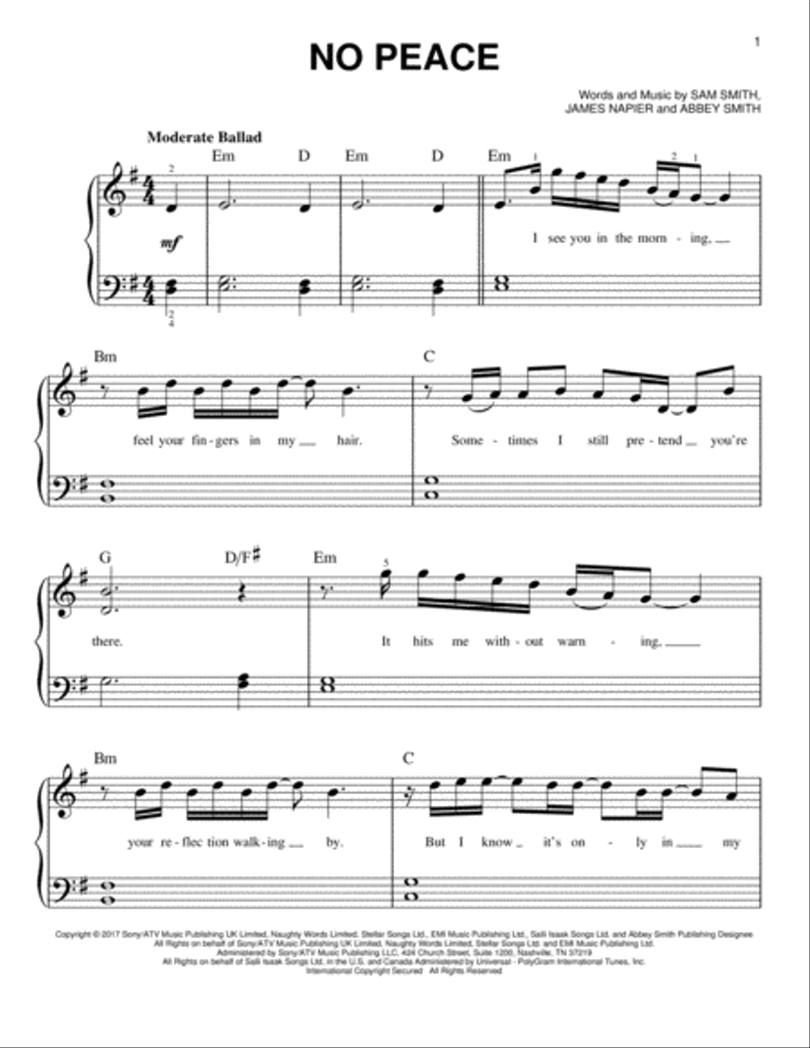 No Peace (feat. YEBBA) Easy Piano scores gallery preview page 1