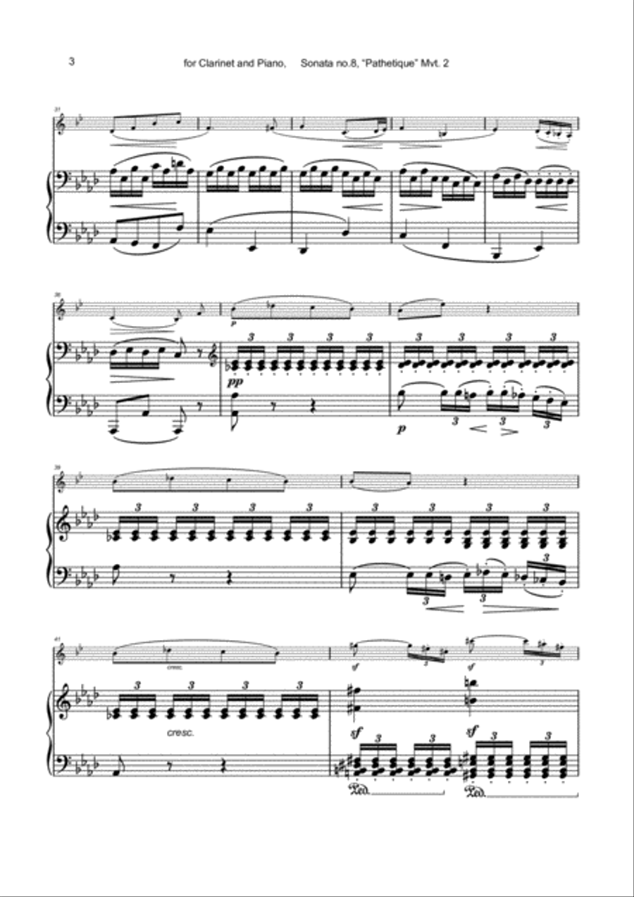 Sonata Pathetique, Adagio Cantabile, by Beethoven, for Clarinet and Piano Clarinet Solo scores gallery preview page 4