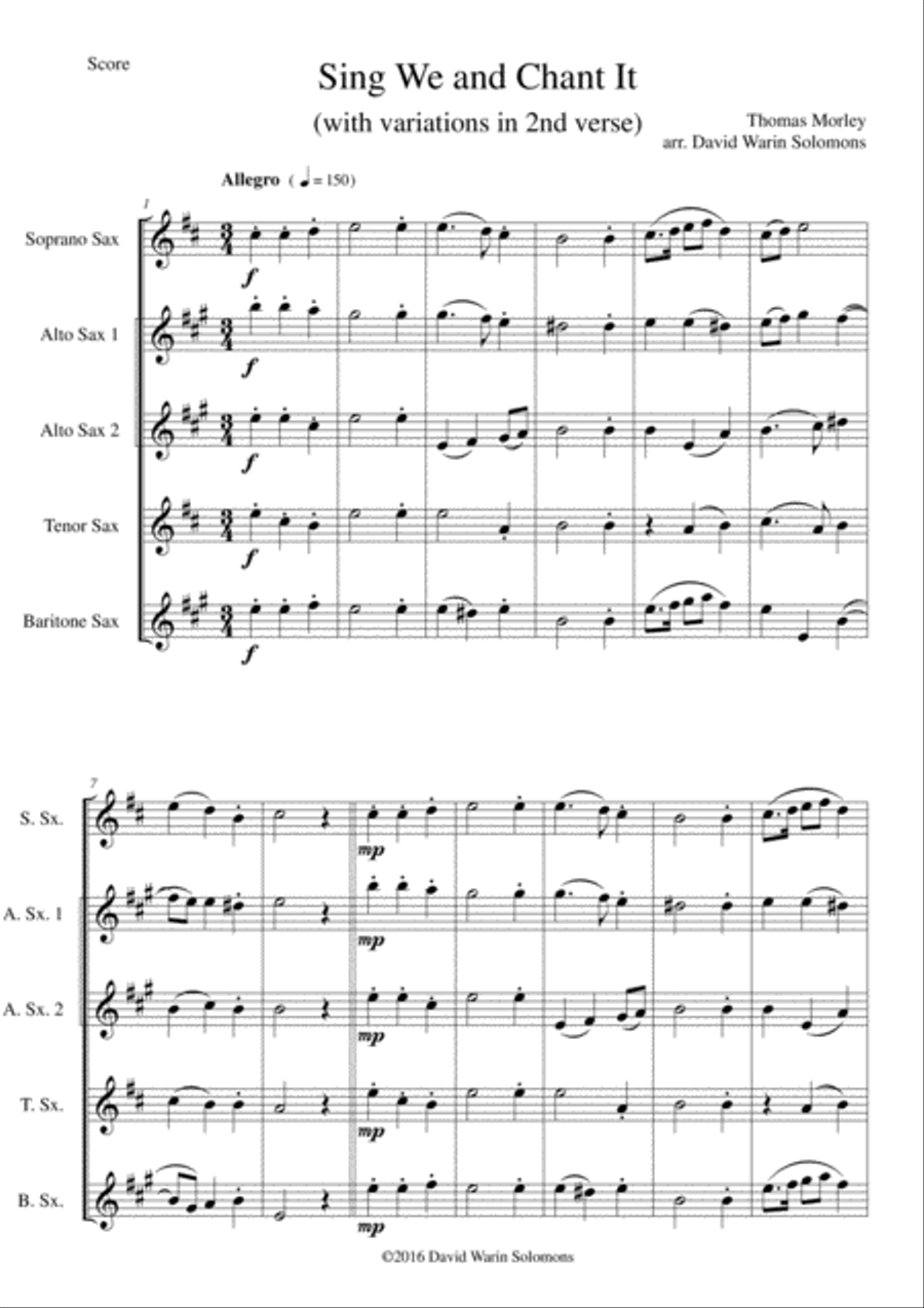 Sing we and chant it (with variations) for saxophone quintet Saxophone Quintet scores gallery preview page 1