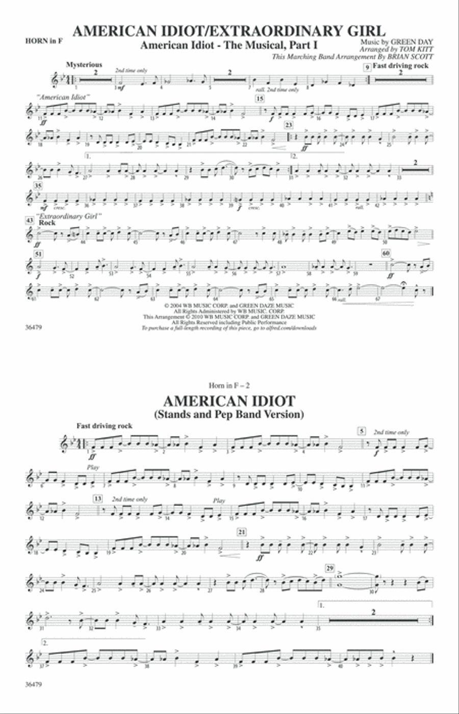 American Idiot / Extraordinary Girl: 1st F Horn Marching Band scores gallery preview page 1