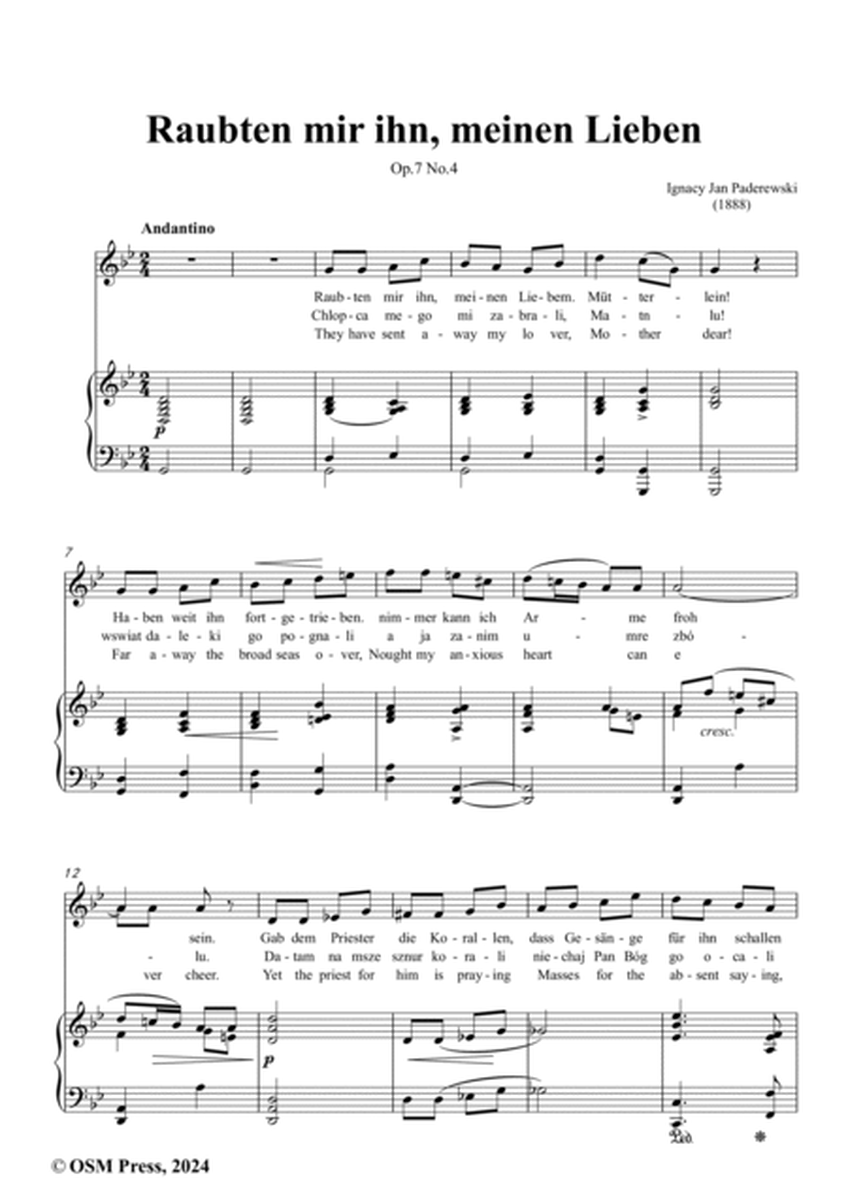 Paderewski-Raubten mir ihn,meinen Lieben(Chłopca mego mi zabrali)(1888),Op.7 No.4,in g minor