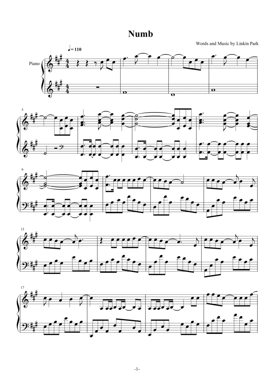 Numb Numb Piano Solo scores gallery preview page 1