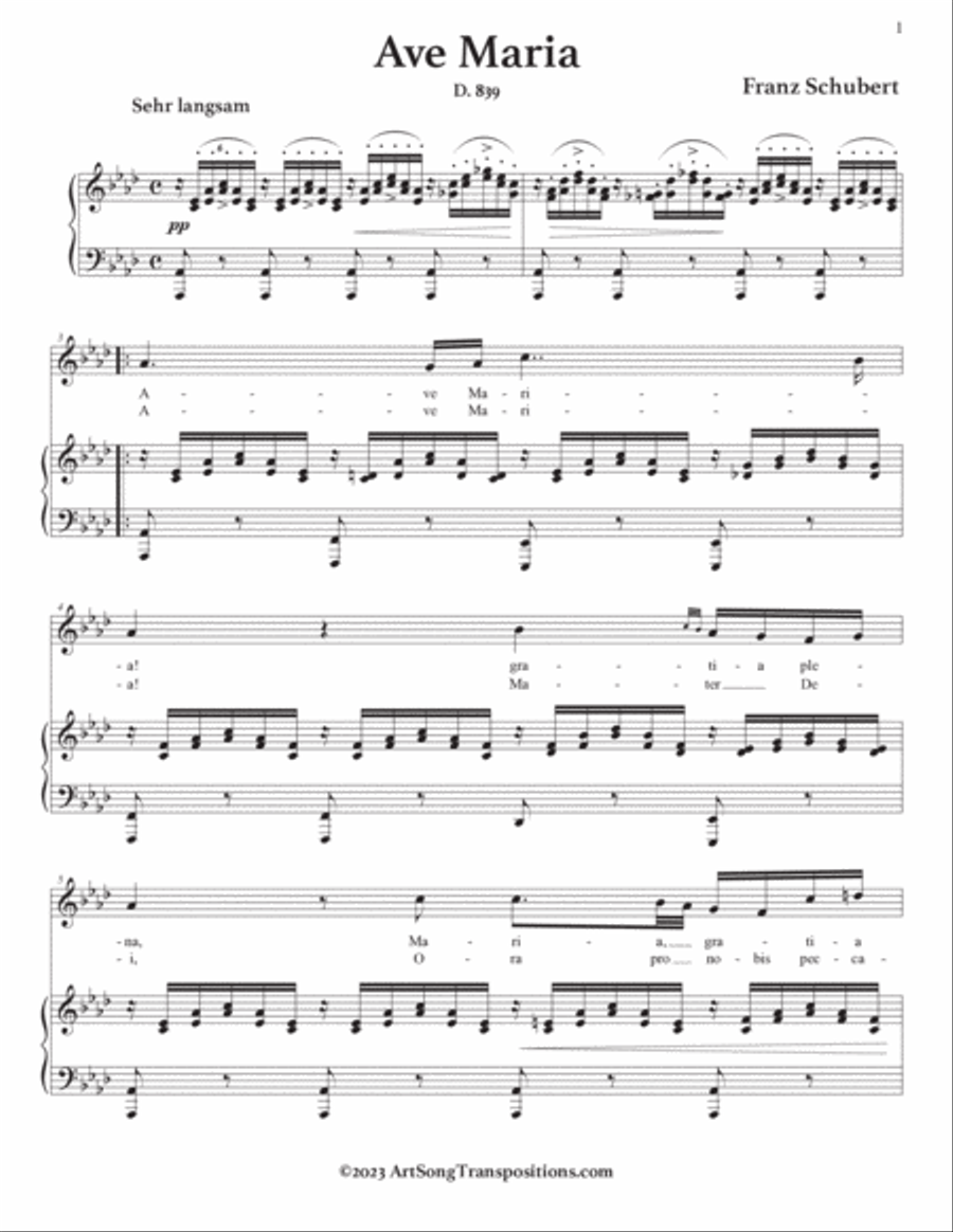 SCHUBERT: Ave Maria, D. 839 (transposed to A-flat major and G major) Voice scores gallery preview page 2