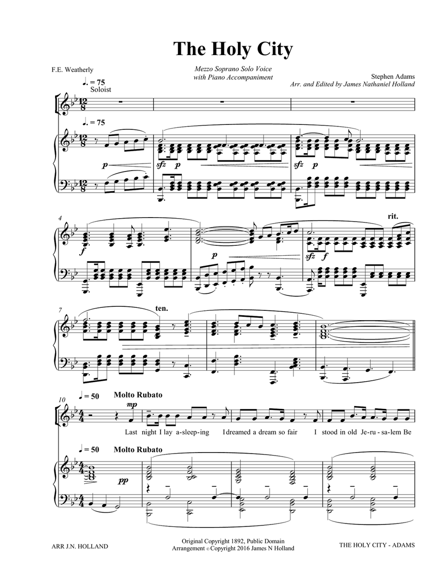 The Holy City for Solo Mezzo Soprano Voice and Piano (Key of Bb) Mezzo-Soprano Voice scores gallery preview page 3