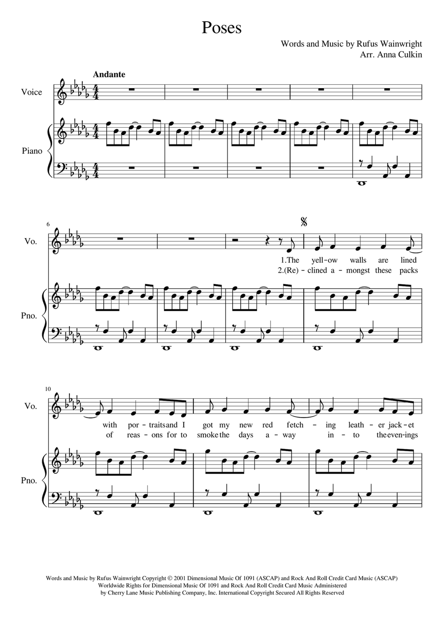 Poses Piano, Vocal scores gallery preview page 1