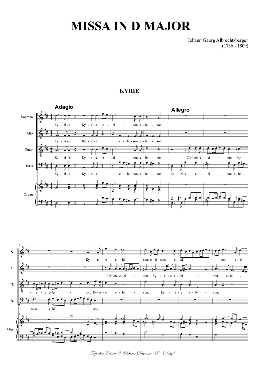 MISSA IN D MAJOR. Albrechtsberger J.G. For SATB Choir and Organ. With parts - Score Only 4-Part scores gallery preview page 2