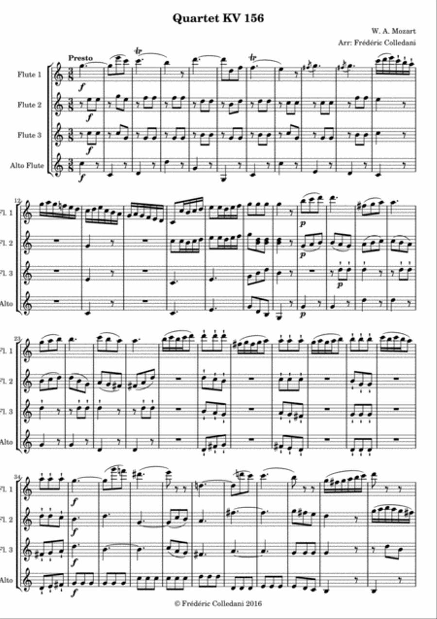 Mozart - Quartet KV 156 - Presto - version for Flute Quartet or Flute Choir Woodwind Quartet scores gallery preview page 1